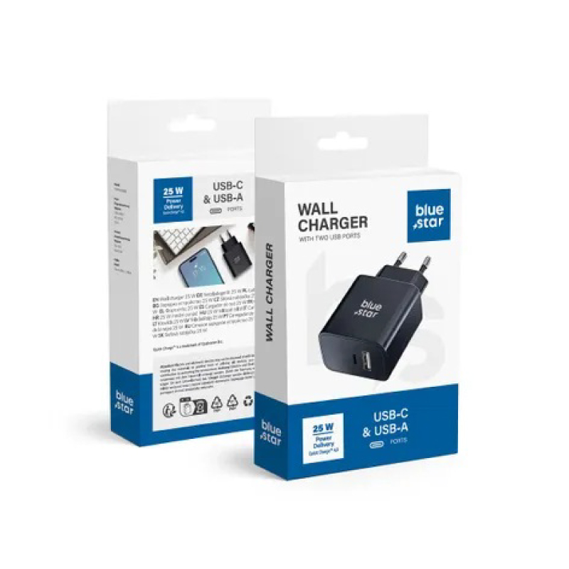 Caricabatterie-da-viaggio-BLUE-STAR-con-prese-USB-C+USB-A-PD-QC4.0-3A-25W-TFB-TC-25WPD-nero-